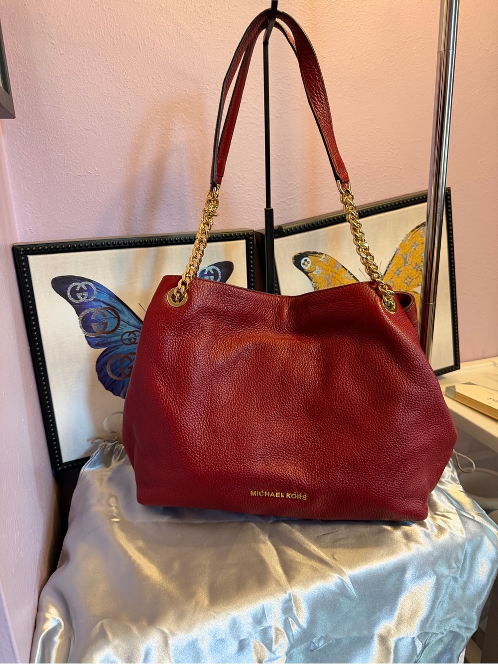 Michael Kors Burgundy Pebbled Leather Shoulder Bag with Gold Chain Straps